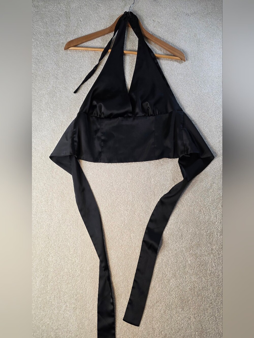 Silence + Noise Black Satin Adjustable Cropped Halter Top Witchy Goth L
